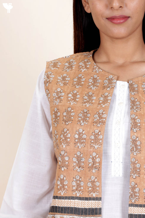 Cotton Sleeveless Jacket  In Floral Block Print